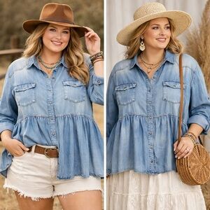 Washed Denim Peplum Button-Down Shirt